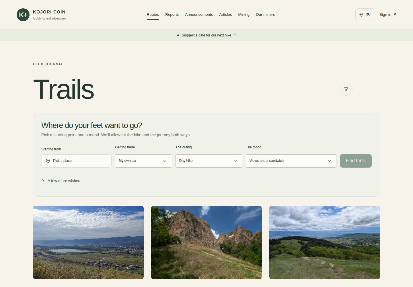 Kojori Coin's public route catalogue with hiking photographs and route cards